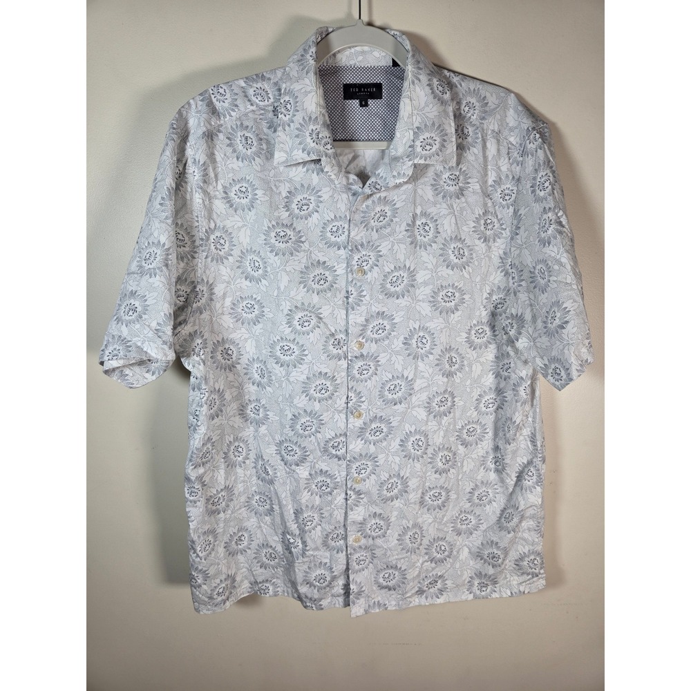 Ted Baker Shirt Mens 6/XL White Floral Short Sleeve 100% Cotton Button Up Casual
